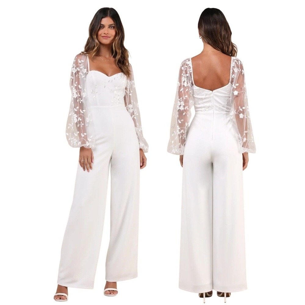 Lulus Darling Charisma White Mesh Embroidered Jumpsuit 9J2773 XS‎ Wedding Bridal